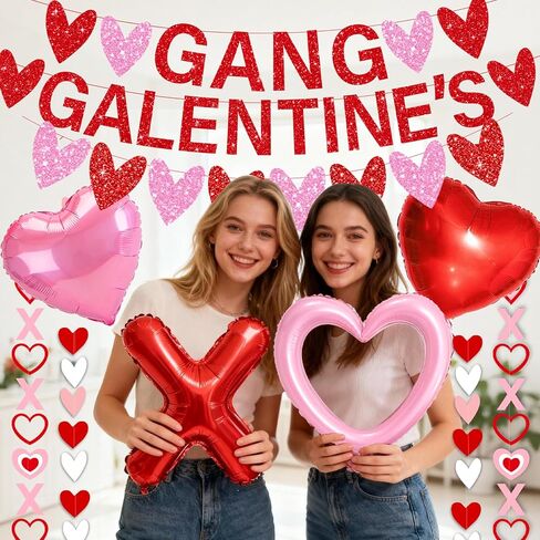 Galentines Day Decorations for Party Set Galentines Gang Banner Red Pink Heart Garland Banners X Letters & Pink Heart Foil Balloons for Galentine's Valentine's Day Decorations in Saudi Arabia