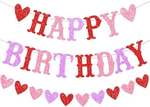 Glitter Valentines Birthday Banner Decorations Red Glitter Heart Garland Happy for Galentine's Valentine' Birthday Party Decor in Saudi Arabia