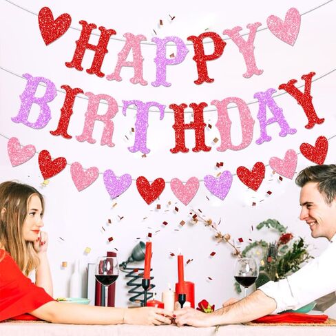 Glitter Valentines Birthday Banner Decorations Red Glitter Heart Garland Happy for Galentine's Valentine' Birthday Party Decor in Saudi Arabia