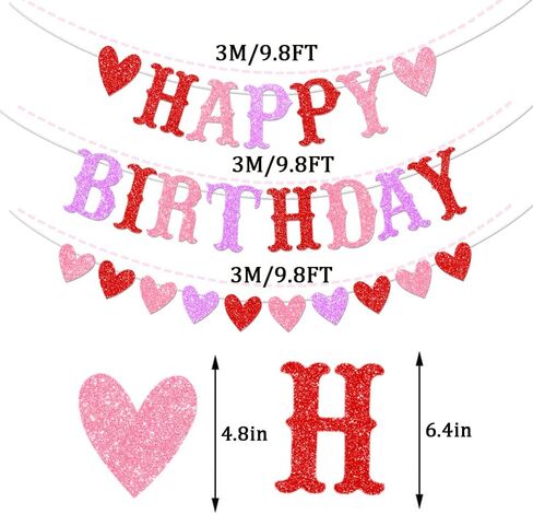 Glitter Valentines Birthday Banner Decorations Red Glitter Heart Garland Happy for Galentine's Valentine' Birthday Party Decor in Saudi Arabia