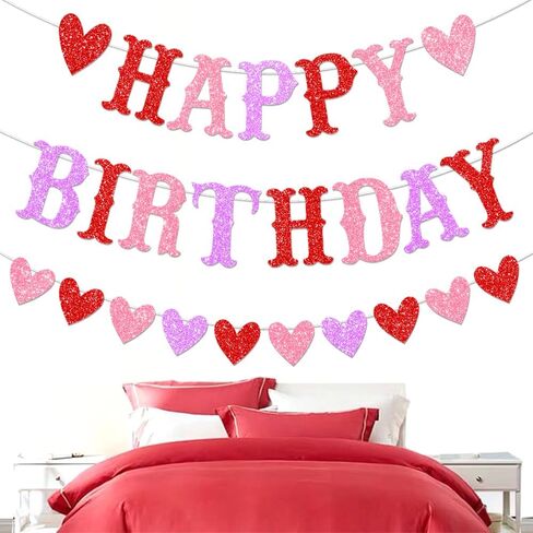 Glitter Valentines Birthday Banner Decorations Red Glitter Heart Garland Happy for Galentine's Valentine' Birthday Party Decor in Saudi Arabia