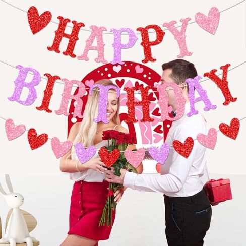 Glitter Valentines Birthday Banner Decorations Red Glitter Heart Garland Happy for Galentine's Valentine' Birthday Party Decor in Saudi Arabia