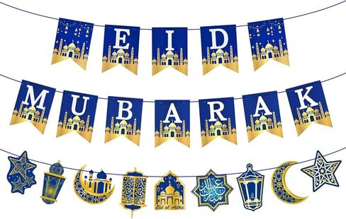 AhfuLife Ramadan Mubarak Banner Decorations for Home, 3 Pcs Pre-Tied Ramadan Mubarak Bunting Banners for Muslim Party Decor, Moon Star Lanterns Garland Islamic Party Supplies in Saudi Arabia