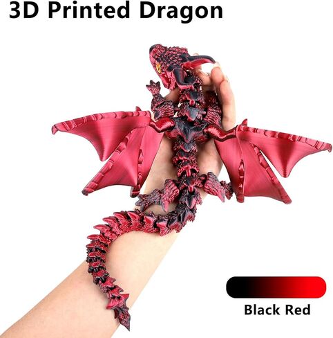 3D Printed Dragon with Wings,3D Printed Animals Toys,Flexible Articulated Winged Crystal Dragon 15.75in,Black Red in Saudi Arabia