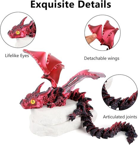 3D Printed Dragon with Wings,3D Printed Animals Toys,Flexible Articulated Winged Crystal Dragon 15.75in,Black Red in Saudi Arabia