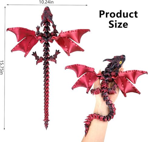 3D Printed Dragon with Wings,3D Printed Animals Toys,Flexible Articulated Winged Crystal Dragon 15.75in,Black Red in Saudi Arabia