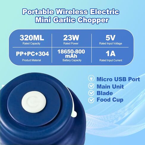 Kuars Gvni Garlic Chopper Wireless Electric Garlic Mixer with Press High-Speed Blending 320ml Rechargeable Portable Blender for Kitchen (Blue) in Kuwait