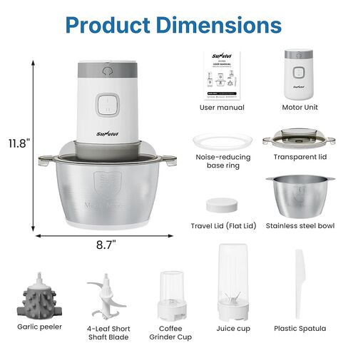 مجموعة خلاط كهربائي ومحضر طعام: مطحنة طعام 4 في 1 لطحن القهوة واللحوم وتقشير الثوم والعصير، مفرمة طعام بقدرة 350 وات مع وعاء من الفولاذ المقاوم للصدأ سعة 1.8 لتر وكوبين، سرعتان، أبيض in Kuwait