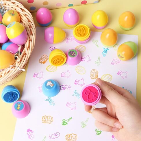 CCINEE 24pcs Easter Egg Stampers, Prefilled Easter Eggs Self Inking Stamps Plastic Easter Egg Gifts Basket Stuffers for Treat Toys Party Favors in Saudi Arabia