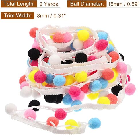 2 Yards Pom Pom Ball Fringe Trim, Ribbon Sewing DIY Crafts Accessory for Home Curtain Clothes Pillow Decoration, Mixed Color in Saudi Arabia