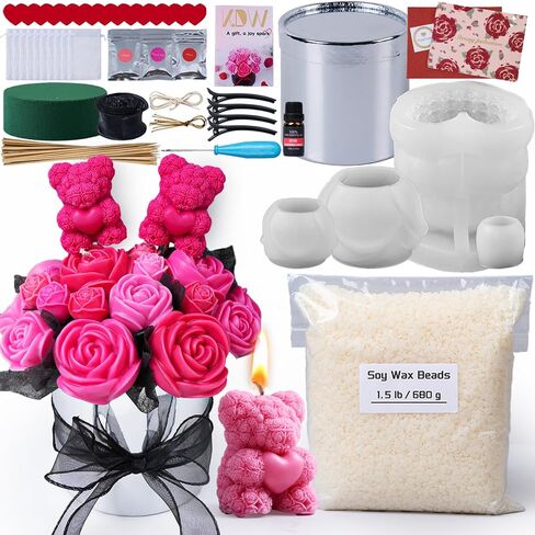 هدية عيد الحب المصنوعة يدويًا، خرز شمع الصويا لصنع الشموع، قالب سيليكون وردي، قوالب شموع زهرة ثلاثية الأبعاد ومجموعة ملحقات قالب سيليكون الدب، هدية عيد الحب للصديقة والزوجة (فضي) in Kuwait