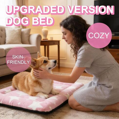 Washable Dog Bed Mat With Anti-Slip Bottom, Deluxe Plush Memory Foam Crate Pad & Waterproof Outdoor Kennel Mat For Dogs & Cats-Durable Crates Beds, Large Medium Small Puppy Size 24" x 18",pink in Saudi Arabia