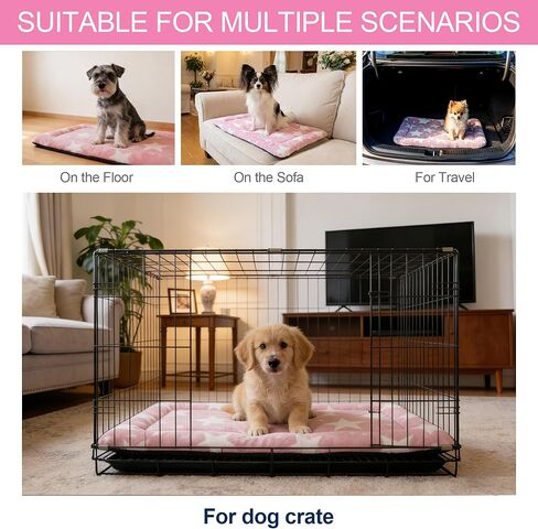 Washable Dog Bed Mat With Anti-Slip Bottom, Deluxe Plush Memory Foam Crate Pad & Waterproof Outdoor Kennel Mat For Dogs & Cats-Durable Crates Beds, Large Medium Small Puppy Size 24" x 18",pink in Saudi Arabia