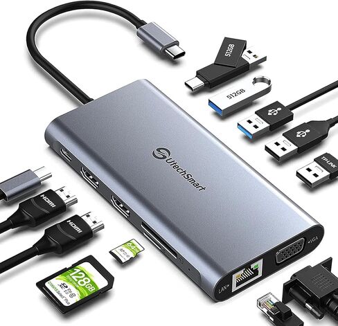 قاعدة شحن USB C يو تيك سمارت 12 في 1 ثلاثية الشاشة مع 2*4K@60Hz HDMI، منفذ عرض، 100 واط PD، 4 منافذ USB، ايثرنت ار جيه 45، بيانات USB C، SD/TF لماك بوك، ديل، اتش بي، لينوفو، هواوي in Kuwait