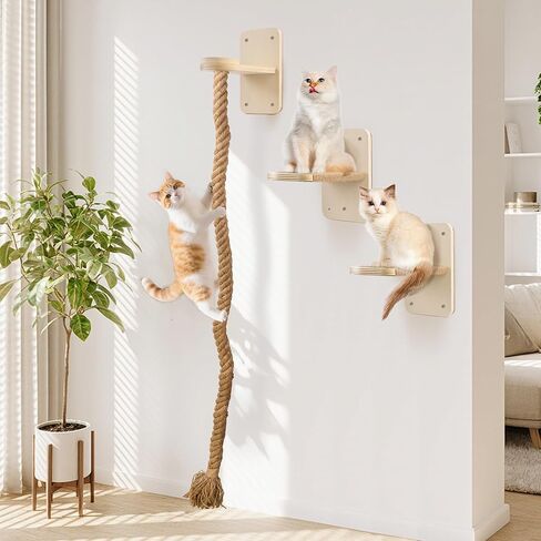 Cat Wall Shelves with 2 x 60 Inch Climbing Rope, Wall Mounted Cat Tree with Scratching Post Kitten Rope Ladder with Jumping Platform Wall Steps for Playing and Rest in Kuwait