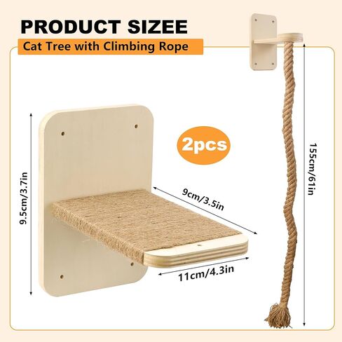 Cat Wall Shelves with 2 x 60 Inch Climbing Rope, Wall Mounted Cat Tree with Scratching Post Kitten Rope Ladder with Jumping Platform Wall Steps for Playing and Rest in Kuwait