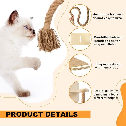 Cat Wall Shelves with 2 x 60 Inch Climbing Rope, Wall Mounted Cat Tree with Scratching Post Kitten Rope Ladder with Jumping Platform Wall Steps for Playing and Rest in Kuwait