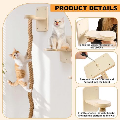 Cat Wall Shelves with 2 x 60 Inch Climbing Rope, Wall Mounted Cat Tree with Scratching Post Kitten Rope Ladder with Jumping Platform Wall Steps for Playing and Rest in Kuwait