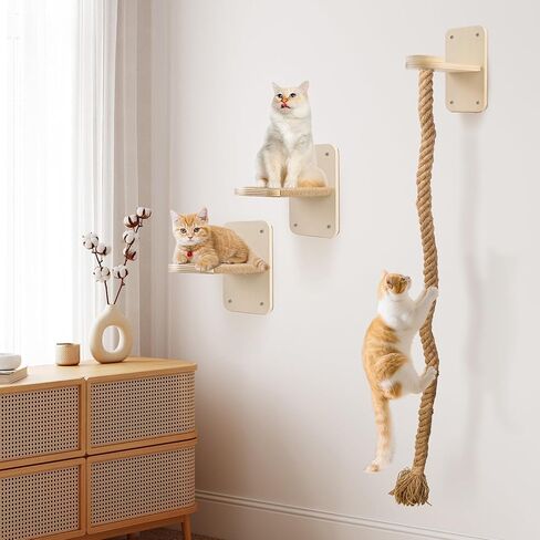 Cat Wall Shelves with 2 x 60 Inch Climbing Rope, Wall Mounted Cat Tree with Scratching Post Kitten Rope Ladder with Jumping Platform Wall Steps for Playing and Rest in Kuwait