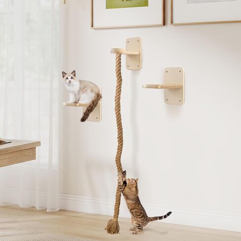 Cat Wall Shelves with 2 x 60 Inch Climbing Rope, Wall Mounted Cat Tree with Scratching Post Kitten Rope Ladder with Jumping Platform Wall Steps for Playing and Rest in Kuwait