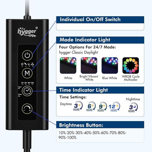 hygger Auto On Off Aquarium LED Light، 4 أوضاع إضاءة كاملة الطيف لخزان الأسماك 24/7 مؤقت للأسماك الملونة / الشمس / ضوء الليل / دورة WRGB للمياه العذبة in Kuwait