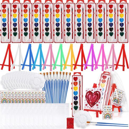 12 Pack Valentine's Gift Mini Painting Set for Adults 12 Heart Shaped Watercolor Paint Set 8 Colors 12 Small Easels 24 Paintbrushes 12 Palettes 12 Blank Canvases and Other Tool Gift for Party in Saudi Arabia