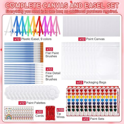12 Pack Valentine's Gift Mini Painting Set for Adults 12 Heart Shaped Watercolor Paint Set 8 Colors 12 Small Easels 24 Paintbrushes 12 Palettes 12 Blank Canvases and Other Tool Gift for Party in Saudi Arabia