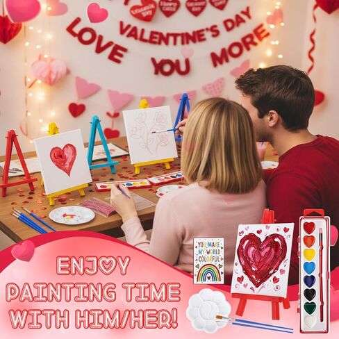 12 Pack Valentine's Gift Mini Painting Set for Adults 12 Heart Shaped Watercolor Paint Set 8 Colors 12 Small Easels 24 Paintbrushes 12 Palettes 12 Blank Canvases and Other Tool Gift for Party in Saudi Arabia