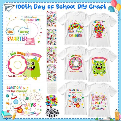 Fancy Land 6 Sets 100th Day of School Crafts for Kids Heat Transfer Iron on Patches 100 Days of School Heat Iron on Transfers Stickers Decals for T-Shirts DIY Clothing Bag Craft Boys Girls in Saudi Arabia