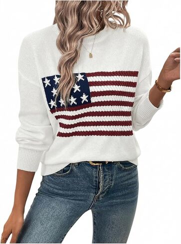 SweatyRocks Women's American Flag Print Long Sleeve Sweater Casual Loose Knit Round Neck Pullover Top in Saudi Arabia