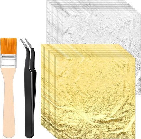 Gold Foil Sheets, 200 Pcs Gold Leaf Sheets for Art, 2 Color Golden, Silver Foil Leaf Kit Sheet Flakes with Tweezer & Brush for Crafts, Painting, Resin, DIY Greeting Card, Gilding Crafting, Furniture in Saudi Arabia