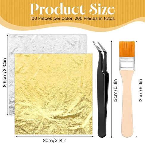 Gold Foil Sheets, 200 Pcs Gold Leaf Sheets for Art, 2 Color Golden, Silver Foil Leaf Kit Sheet Flakes with Tweezer & Brush for Crafts, Painting, Resin, DIY Greeting Card, Gilding Crafting, Furniture in Saudi Arabia