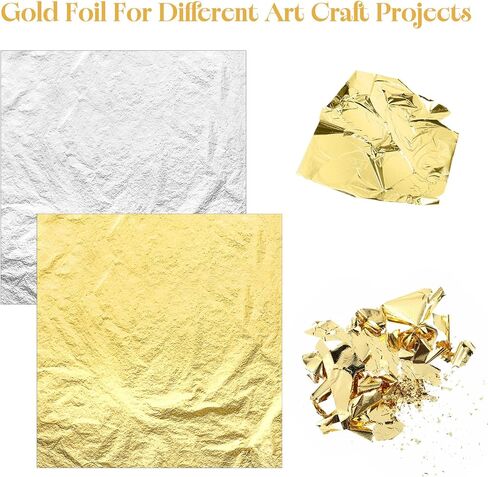 Gold Foil Sheets, 200 Pcs Gold Leaf Sheets for Art, 2 Color Golden, Silver Foil Leaf Kit Sheet Flakes with Tweezer & Brush for Crafts, Painting, Resin, DIY Greeting Card, Gilding Crafting, Furniture in Saudi Arabia