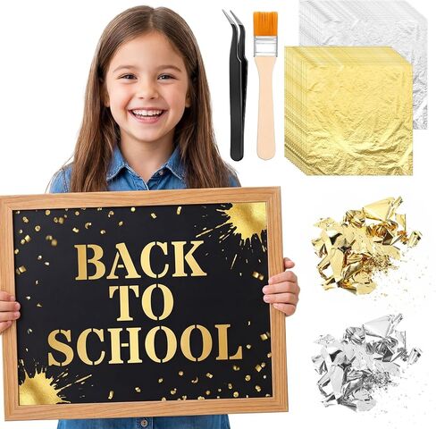 Gold Foil Sheets, 200 Pcs Gold Leaf Sheets for Art, 2 Color Golden, Silver Foil Leaf Kit Sheet Flakes with Tweezer & Brush for Crafts, Painting, Resin, DIY Greeting Card, Gilding Crafting, Furniture in Saudi Arabia