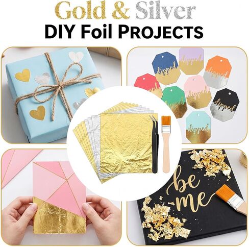 Gold Foil Sheets, 200 Pcs Gold Leaf Sheets for Art, 2 Color Golden, Silver Foil Leaf Kit Sheet Flakes with Tweezer & Brush for Crafts, Painting, Resin, DIY Greeting Card, Gilding Crafting, Furniture in Saudi Arabia