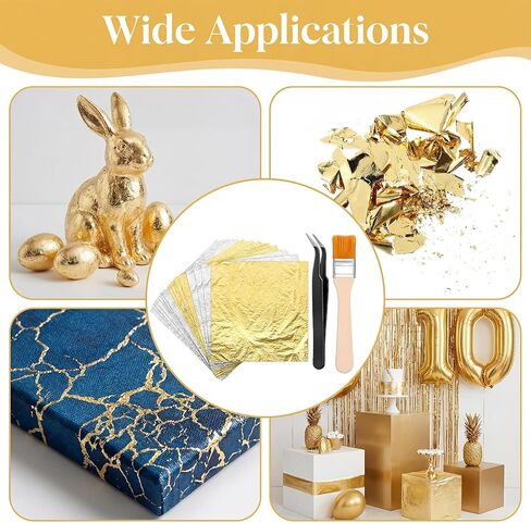 Gold Foil Sheets, 200 Pcs Gold Leaf Sheets for Art, 2 Color Golden, Silver Foil Leaf Kit Sheet Flakes with Tweezer & Brush for Crafts, Painting, Resin, DIY Greeting Card, Gilding Crafting, Furniture in Saudi Arabia