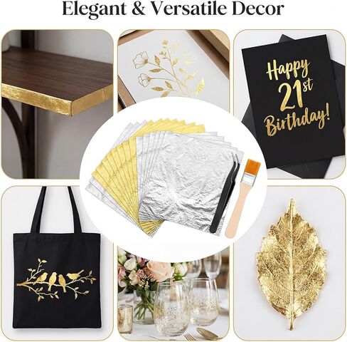 Gold Foil Sheets, 200 Pcs Gold Leaf Sheets for Art, 2 Color Golden, Silver Foil Leaf Kit Sheet Flakes with Tweezer & Brush for Crafts, Painting, Resin, DIY Greeting Card, Gilding Crafting, Furniture in Saudi Arabia
