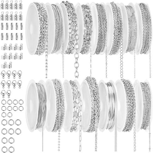 Necklace Chain for Jewelry Making, 114 Feet 15 Rolls Stainless Steel Jewelry Chains Bulk, with Jump Rings, Lobster Clasps, Connectors, for DIY Necklace Bracelet Earring Making, Silver in Kuwait