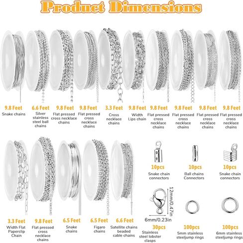 Necklace Chain for Jewelry Making, 114 Feet 15 Rolls Stainless Steel Jewelry Chains Bulk, with Jump Rings, Lobster Clasps, Connectors, for DIY Necklace Bracelet Earring Making, Silver in Kuwait