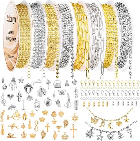 Zplontya 8 Rolls Necklace Chains for Jewelry Making 330PCS Include 26FT Gold & Silver Chains, Jump Rings, Clasps, Charms Pendants, Chains Connectors for DIY Permanent Bracelet & Jewelry Making in Kuwait