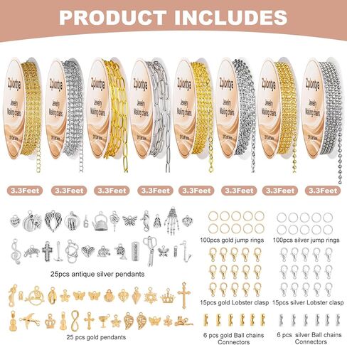 Zplontya 8 Rolls Necklace Chains for Jewelry Making 330PCS Include 26FT Gold & Silver Chains, Jump Rings, Clasps, Charms Pendants, Chains Connectors for DIY Permanent Bracelet & Jewelry Making in Kuwait