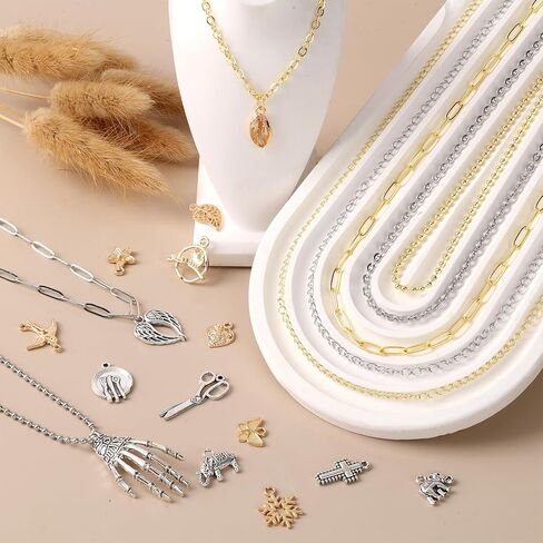 Zplontya 8 Rolls Necklace Chains for Jewelry Making 330PCS Include 26FT Gold & Silver Chains, Jump Rings, Clasps, Charms Pendants, Chains Connectors for DIY Permanent Bracelet & Jewelry Making in Kuwait