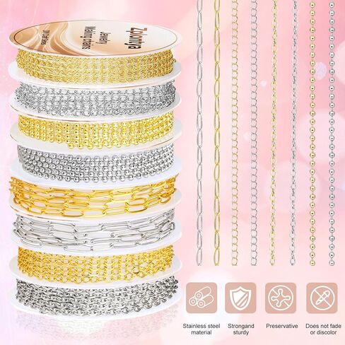 Zplontya 8 Rolls Necklace Chains for Jewelry Making 330PCS Include 26FT Gold & Silver Chains, Jump Rings, Clasps, Charms Pendants, Chains Connectors for DIY Permanent Bracelet & Jewelry Making in Kuwait