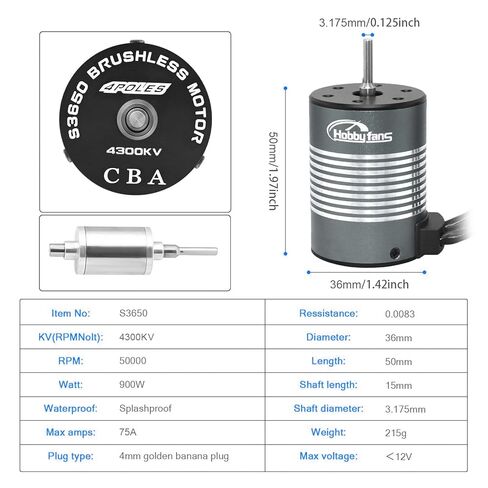 محرك بدون فرشاة S3650 4300KV مقاوم للماء من Hobby Fans، عمود 3.175 مم مع بطاقة برمجة ESC بدون فرش 60 أمبير ومشتت حراري وجهاز إرسال واستقبال 4CH RC لشاحنة سيارة RC 1/10 (أسود) in Kuwait