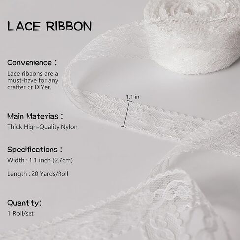 1 inch White Lace Ribbon for Gift Wrapping, 20Yard Lace Trim Ribbon for Sewing Crafts, Dress Decoration, White Floral Ribbons for Flower Bouquet, Christmas, Party Decorations, Wedding in Saudi Arabia