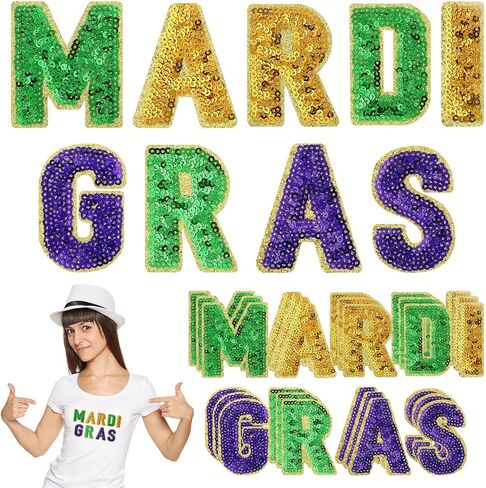 Lyrow 27 قطعة من الترتر Mardi Gras Letter حديد على رقع كرنفال موضوع رقعة ريترو حديد على رقع للكرنفال عطلة جينز سترات ملابس حقيبة ظهر قبعة DIY صناعة الحرف اليدوية in Kuwait