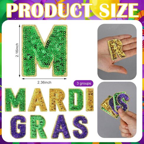 Lyrow 27 قطعة من الترتر Mardi Gras Letter حديد على رقع كرنفال موضوع رقعة ريترو حديد على رقع للكرنفال عطلة جينز سترات ملابس حقيبة ظهر قبعة DIY صناعة الحرف اليدوية in Kuwait