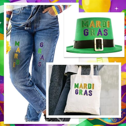Lyrow 27 قطعة من الترتر Mardi Gras Letter حديد على رقع كرنفال موضوع رقعة ريترو حديد على رقع للكرنفال عطلة جينز سترات ملابس حقيبة ظهر قبعة DIY صناعة الحرف اليدوية in Kuwait