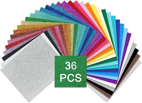 HTV Heat Transfer Vinyl Bundle, 36 Pack 12" x 10" Sheets Iron on Vinyl for T-Shirt, 18 Assorted Colors Washable Glitter & PU Heat Press Vinyls for All Cutter Machine Easy to Cut & Weed in Saudi Arabia