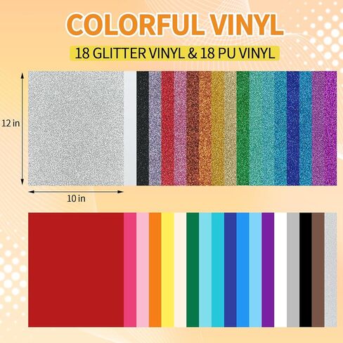 HTV Heat Transfer Vinyl Bundle, 36 Pack 12" x 10" Sheets Iron on Vinyl for T-Shirt, 18 Assorted Colors Washable Glitter & PU Heat Press Vinyls for All Cutter Machine Easy to Cut & Weed in Saudi Arabia